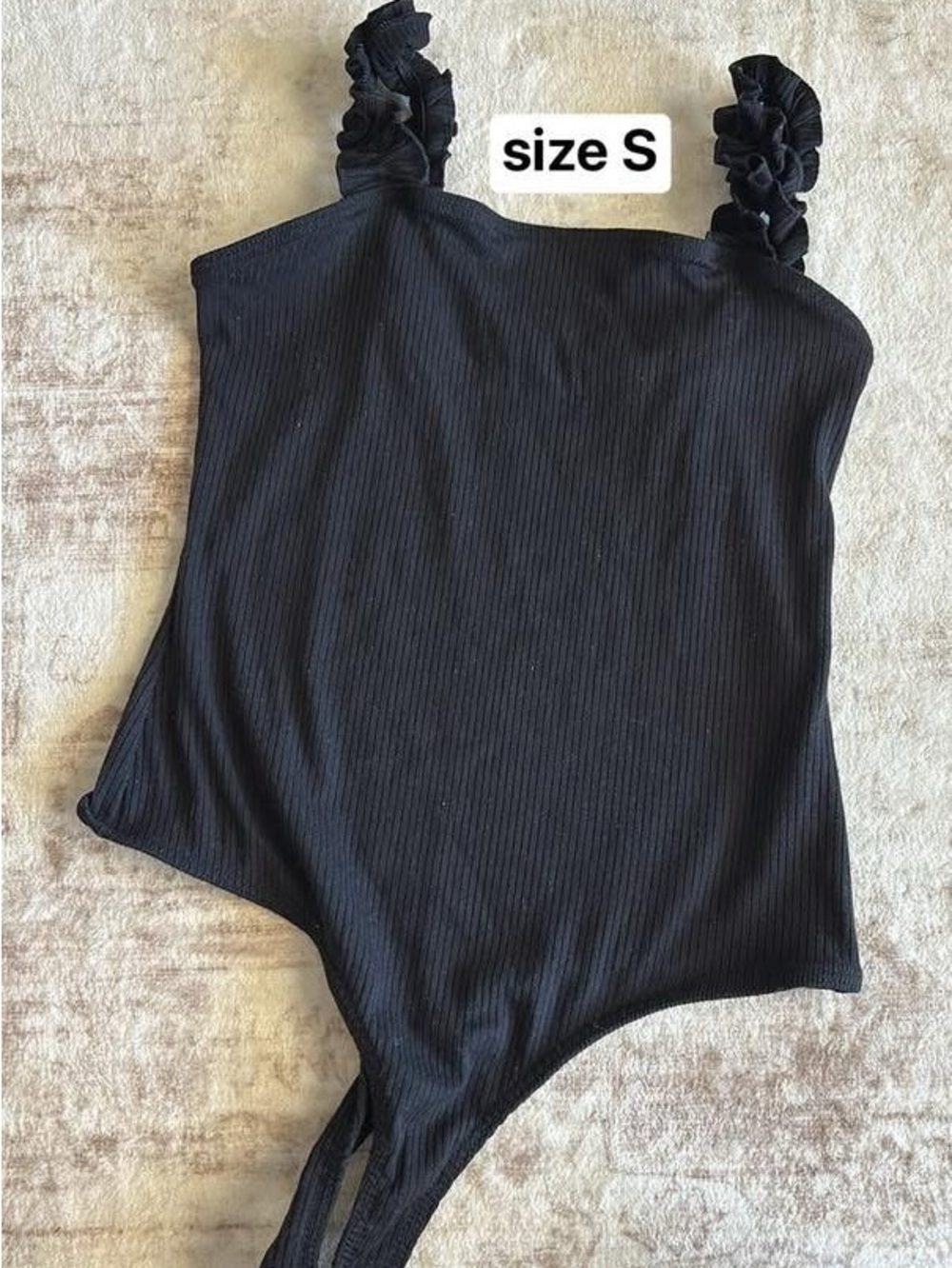 Black Ribbed Bodysuit with Ruffle Straps